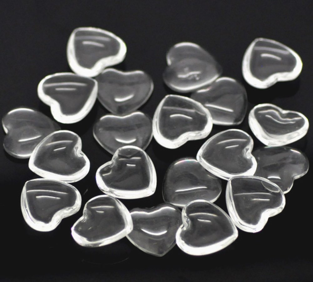 10 Cuori cabochon 14 x 15 mm in vetro trasparente con bava N°22