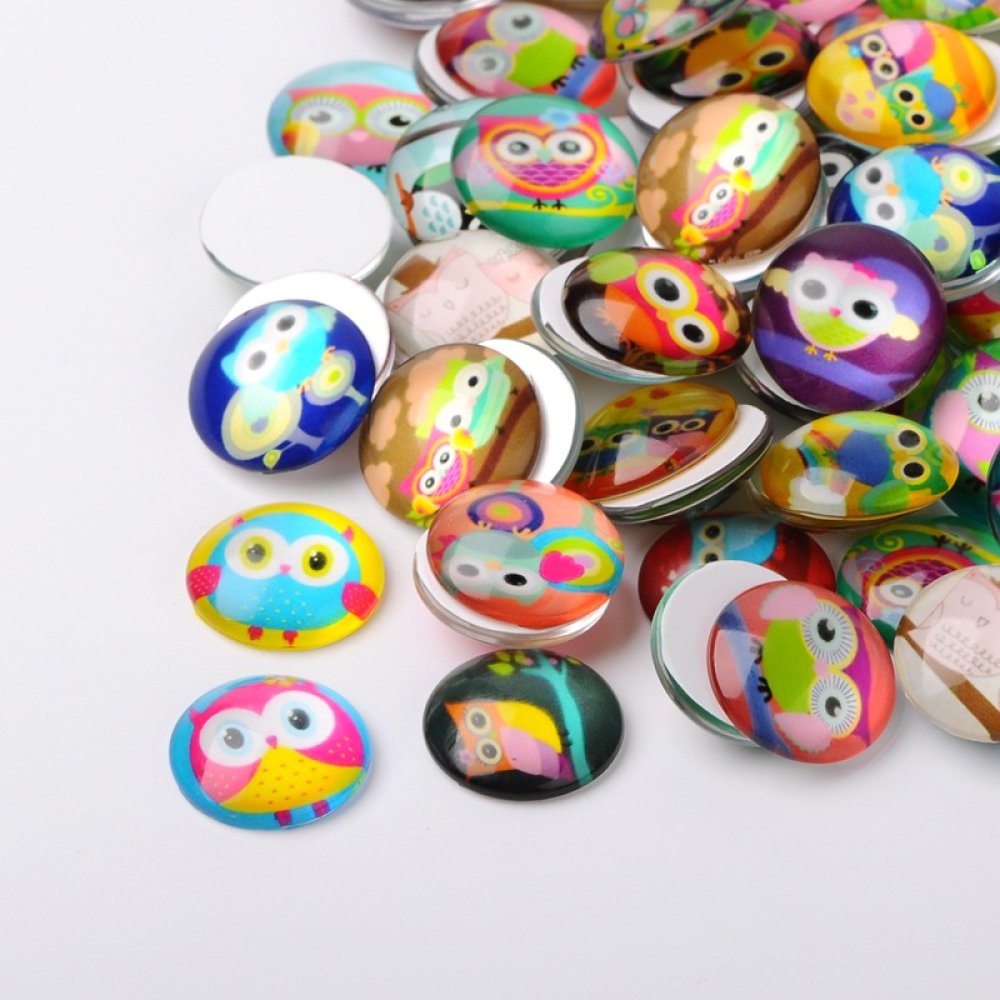 10 cabochons ronds en verre 20mm assortis Chouette Q-37-20