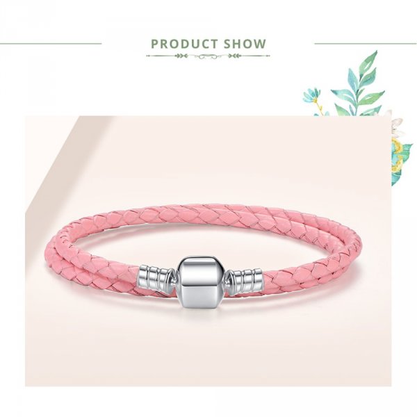 Bracelet Double Cuir Tress&eacute; Rose 38 cm Fermoir Clip Argent 925