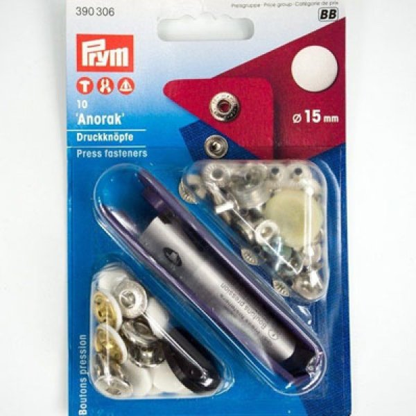 Lot de 10 boutons pression anorak m&eacute;talliques 15 mm, blanc 390306