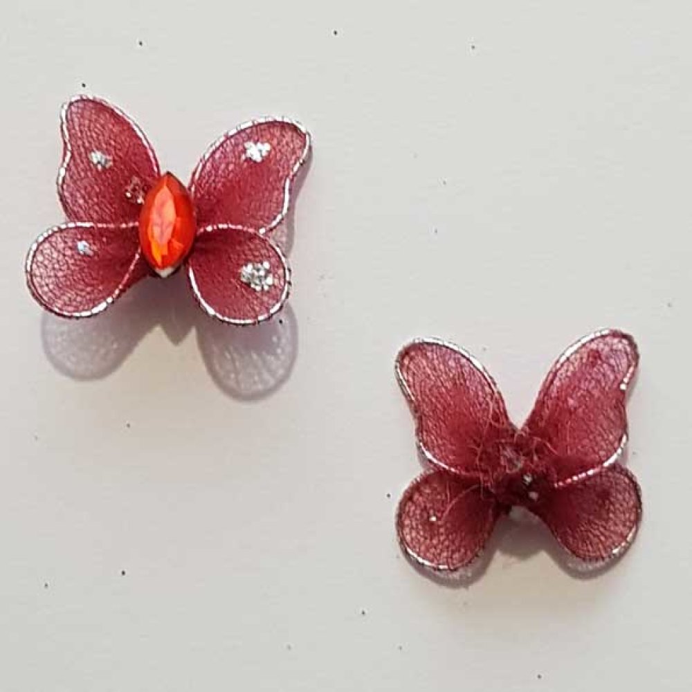 Lot de 2 Papillons Tissus et Strass Bordeaux