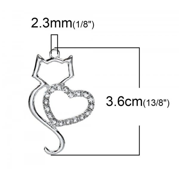Set di 3 Charm per gatti in lega di zinco N&deg;06 Cuore d'argento con strass trasparente 36 mm x 22 mm