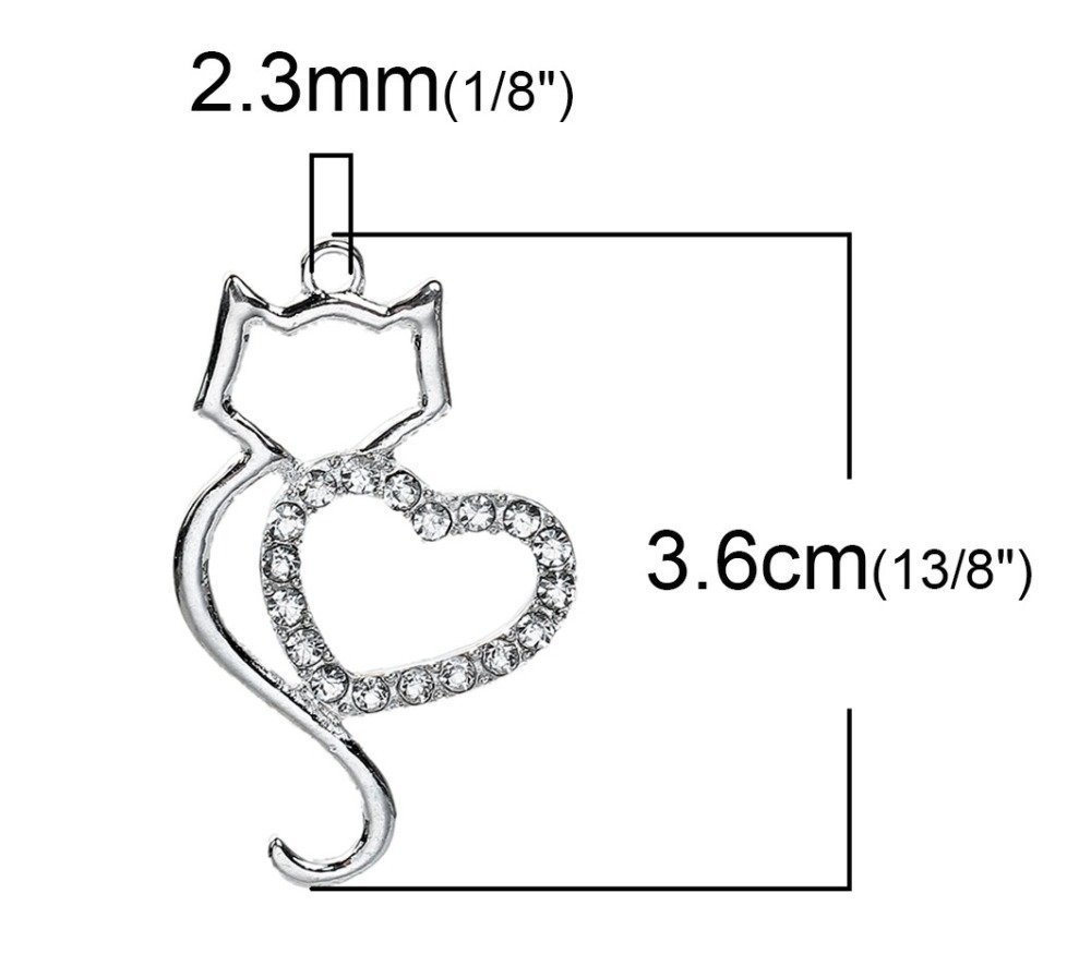 Set di 3 Charm per gatti in lega di zinco N°06 Cuore d'argento con strass trasparente 36 mm x 22 mm