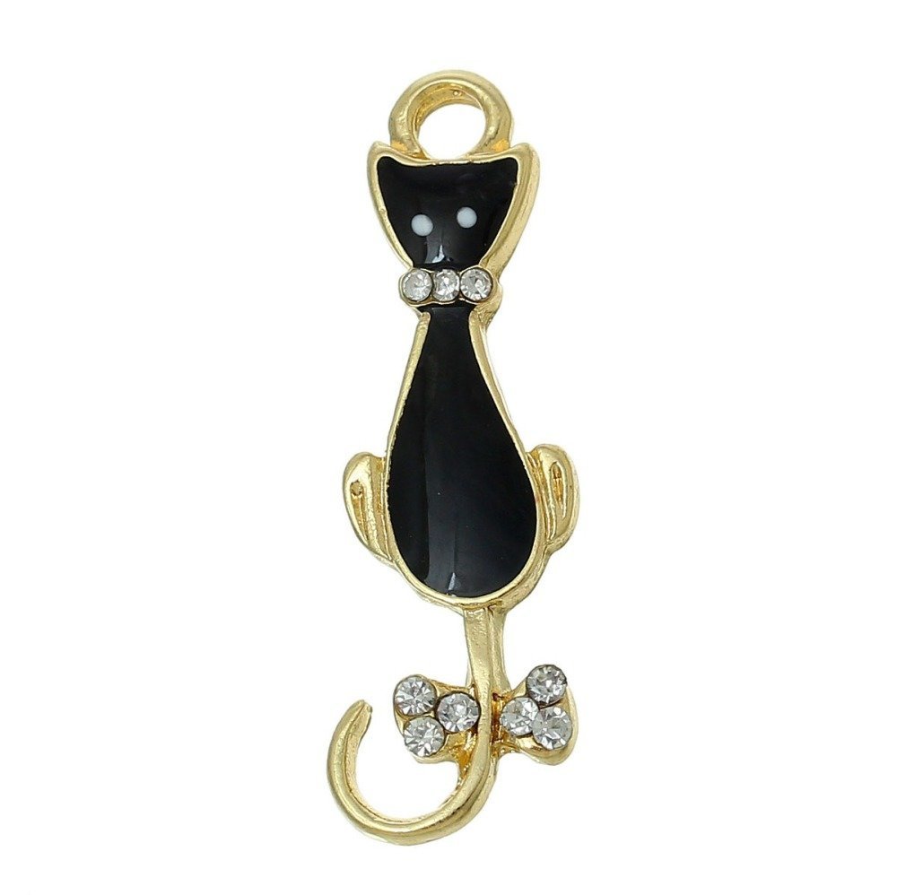 Confezione da 5 Charm per gatti N°08 Gatto nero oro Farfalla Strass Smalto trasparente 36 mm x 11 mm