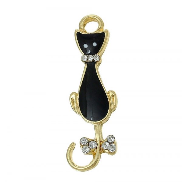 Confezione da 5 Charm per gatti N&deg;08 Gatto nero oro Farfalla Strass Smalto trasparente 36 mm x 11 mm