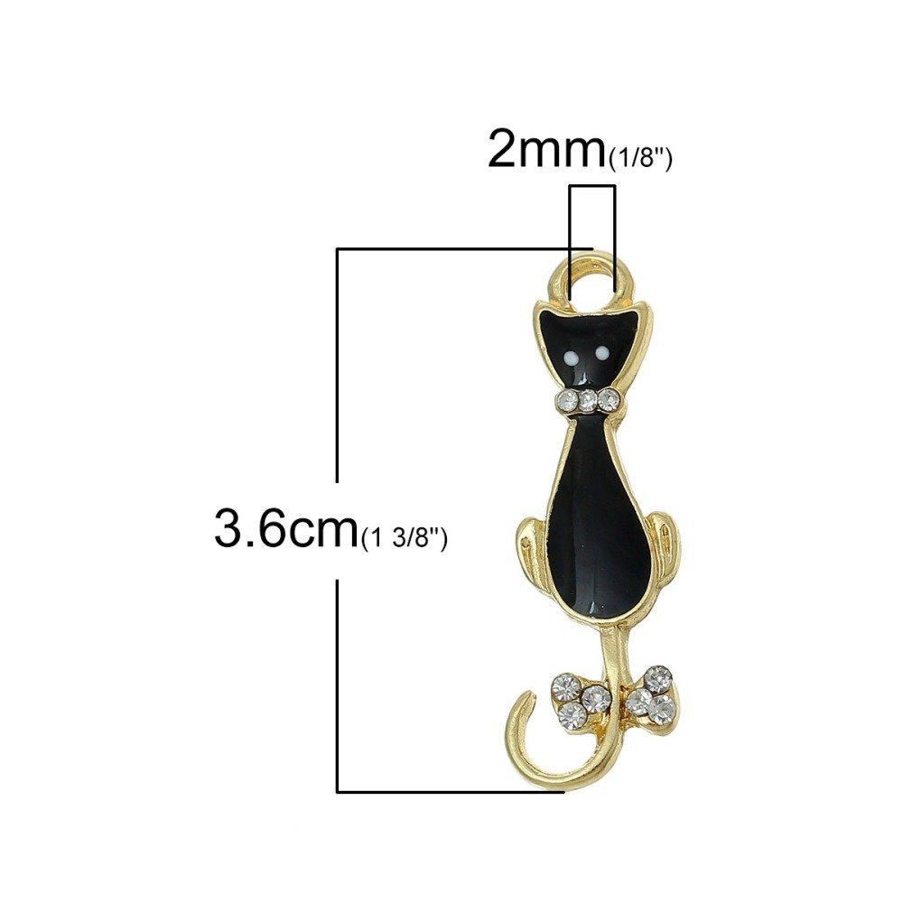 Confezione da 5 Charm per gatti N°08 Gatto nero oro Farfalla Strass Smalto trasparente 36 mm x 11 mm