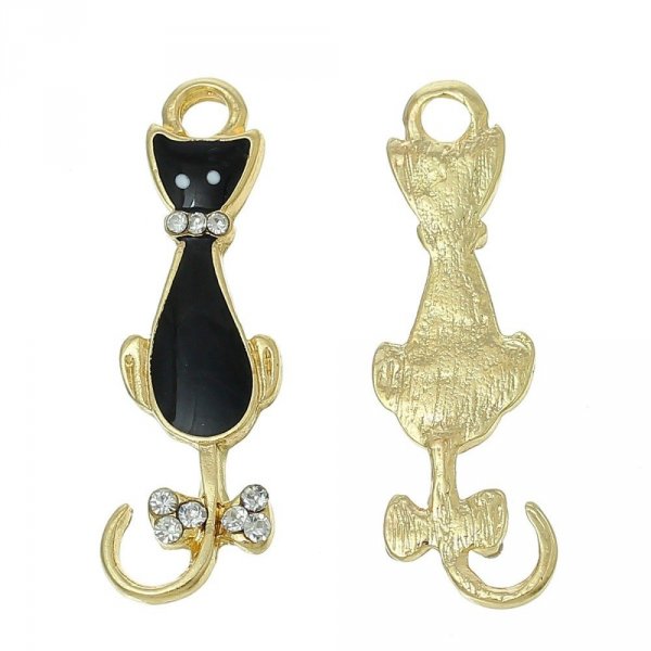 Confezione da 5 Charm per gatti N&deg;08 Gatto nero oro Farfalla Strass Smalto trasparente 36 mm x 11 mm