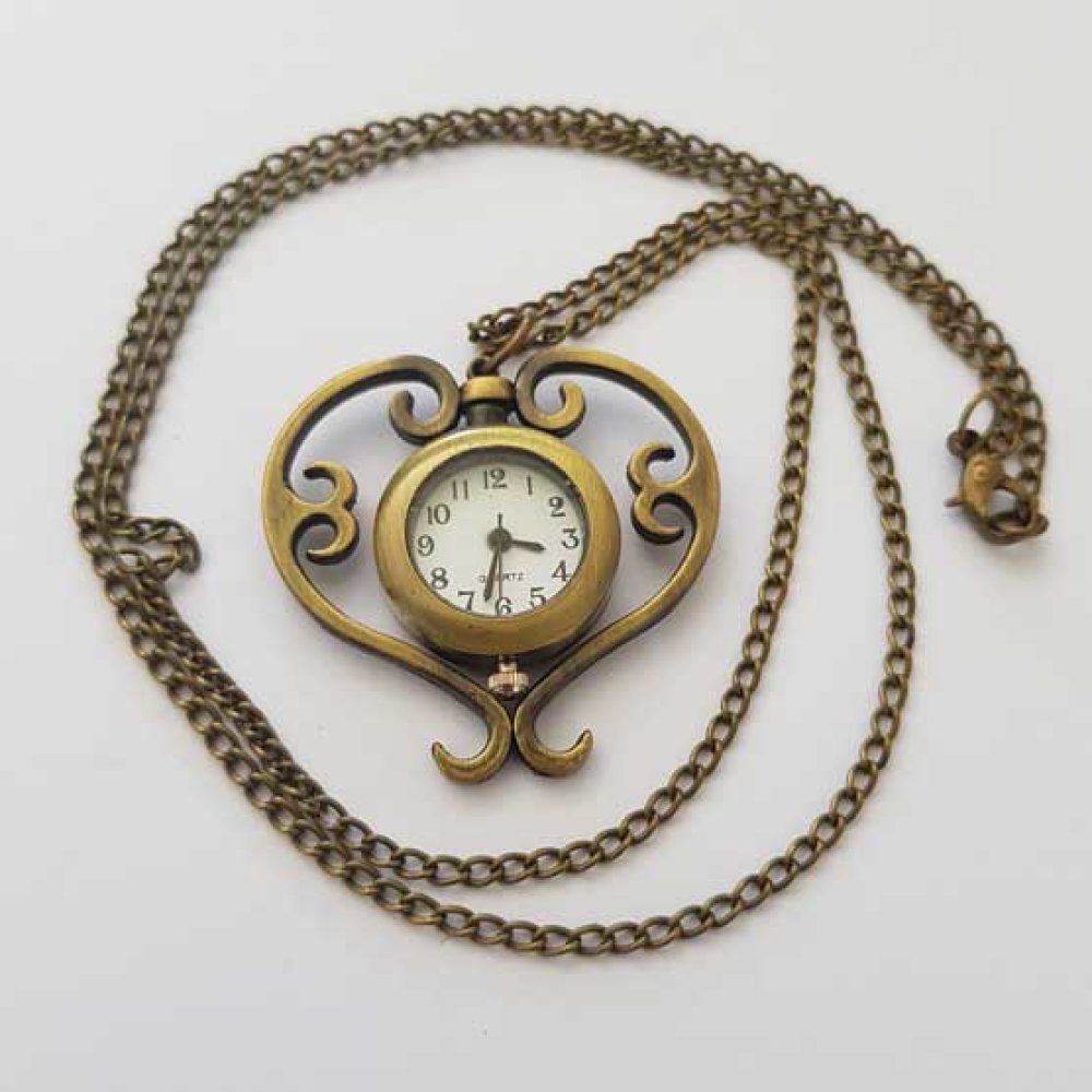 Orologio a soffietto con cuore in bronzo antico e catena