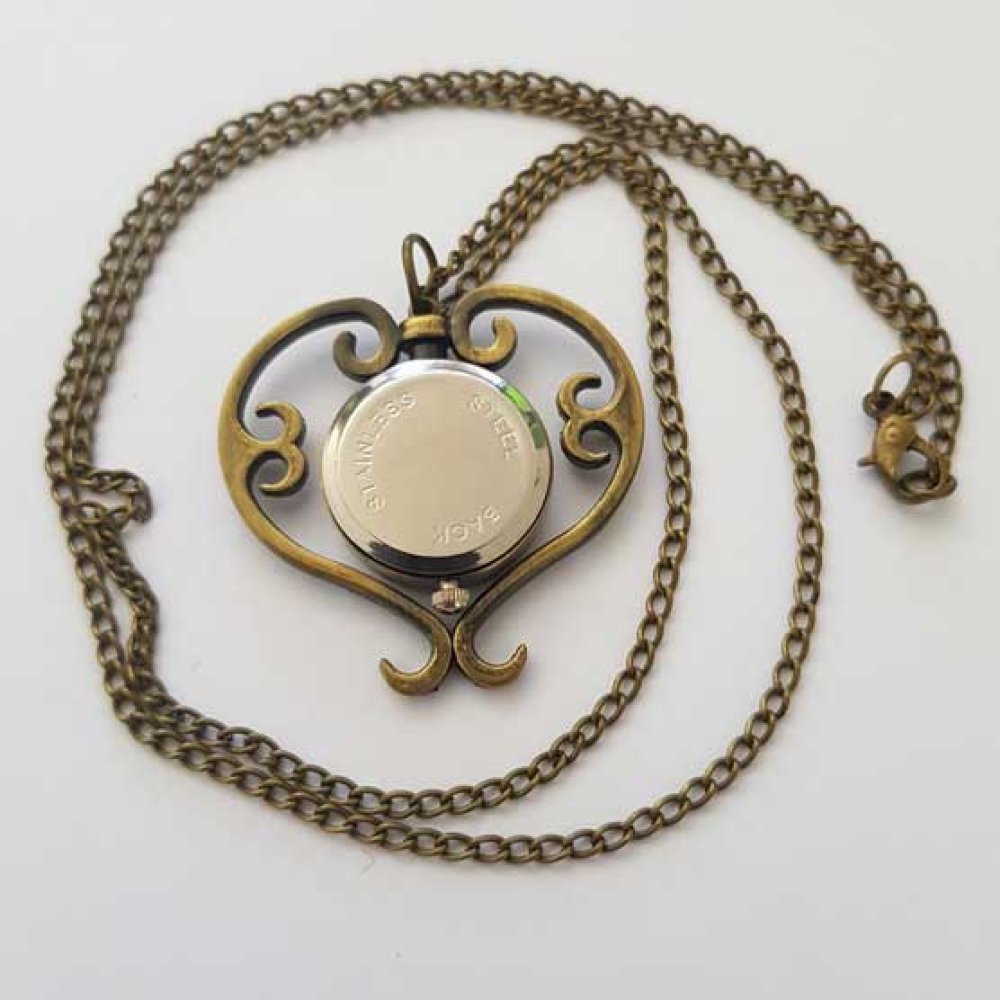 Orologio a soffietto con cuore in bronzo antico e catena