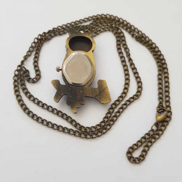 Orologio a soffietto con gufo in bronzo antico e catena