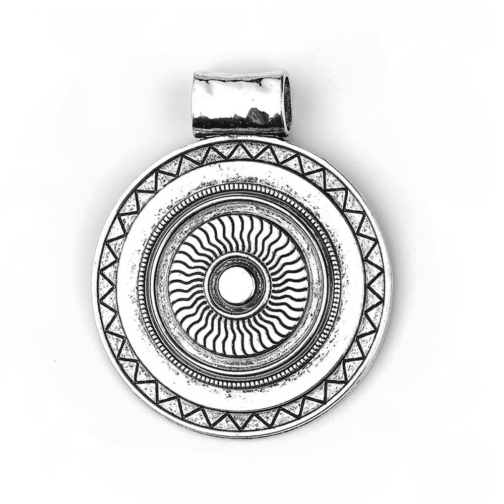 Pendentif N°001-B en Alliage Rond Fleur Creux Argent Vieilli 77 mm x 64 mm