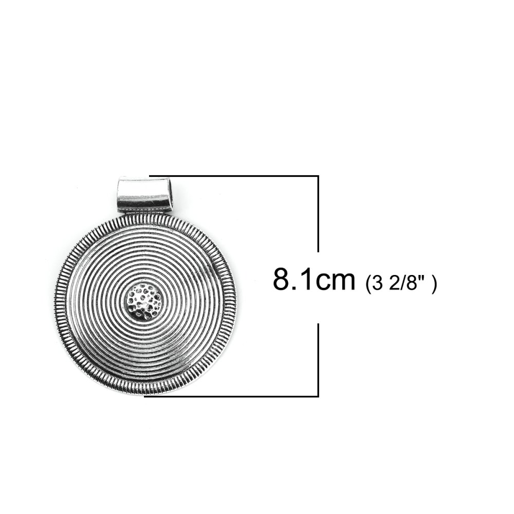 Pendentif N°001-E en Alliage Rond Fleur Creux Argent Vieilli 81 mm x 68 mm