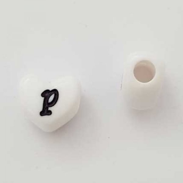 Perle C&oelig;ur Lettre P Blanc Noir 11mm