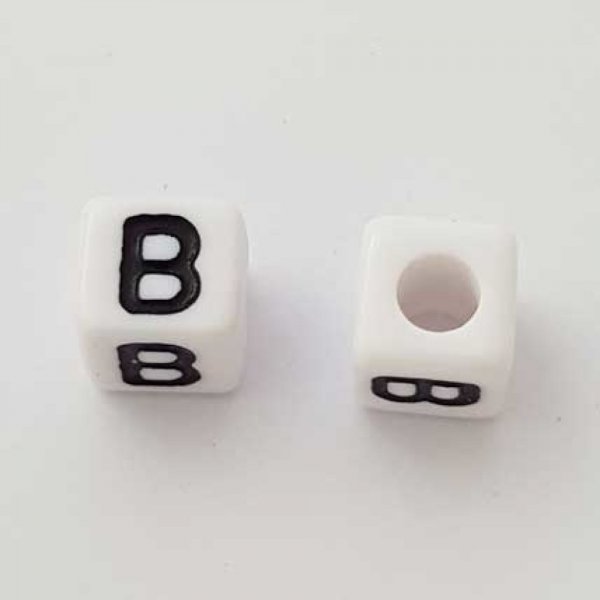 Perle Carr&eacute; Lettre B Blanc Noir 8mm