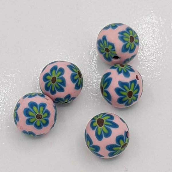 Perle p&acirc;te polym&egrave;re fond Rose et fleurs 12 mm