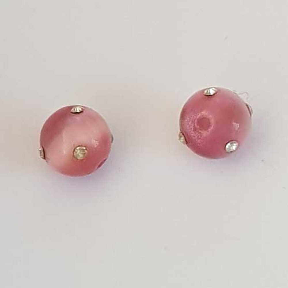 Perle ronde verre œil de chat rose et strass 10 mm N°01