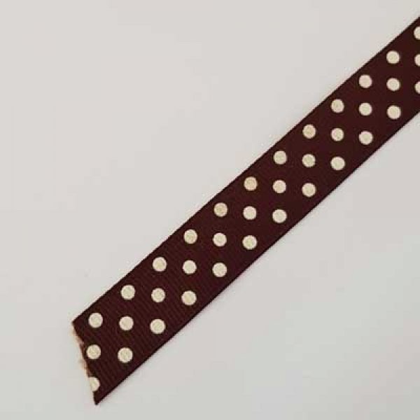 Ruban a pois gros grain marron et blanc de 16 mm au m&egrave;tre