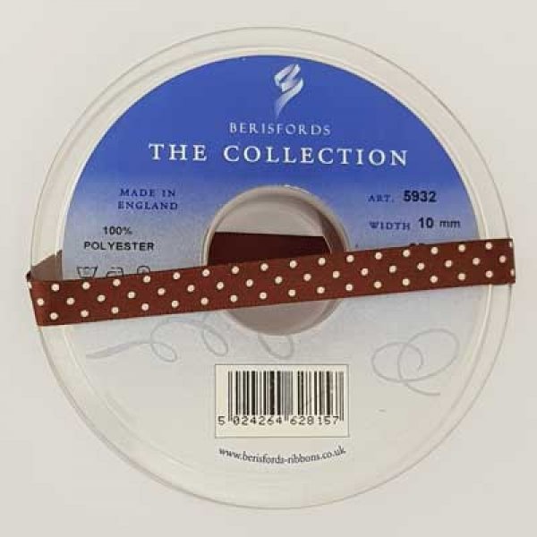 Ruban a pois marron et blanc de 10 mm au m&egrave;tre