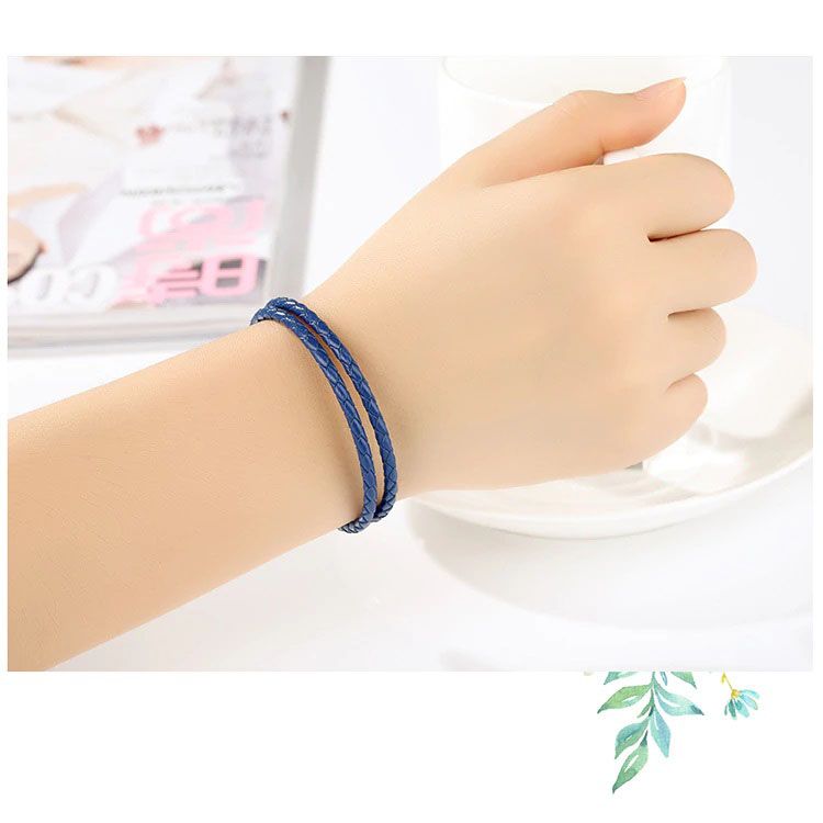 Bracelet Double Cuir Tressé Bleu 36 cm Fermoir Clip Argent 925