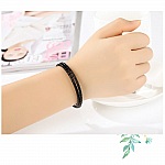Bracelet Double Cuir Tressé Noir 38 cm Fermoir Clip Argent 925