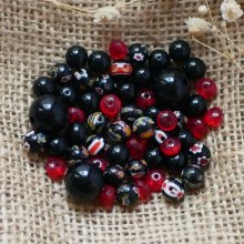 Lot de perles rondes en verre Noir et Rouge