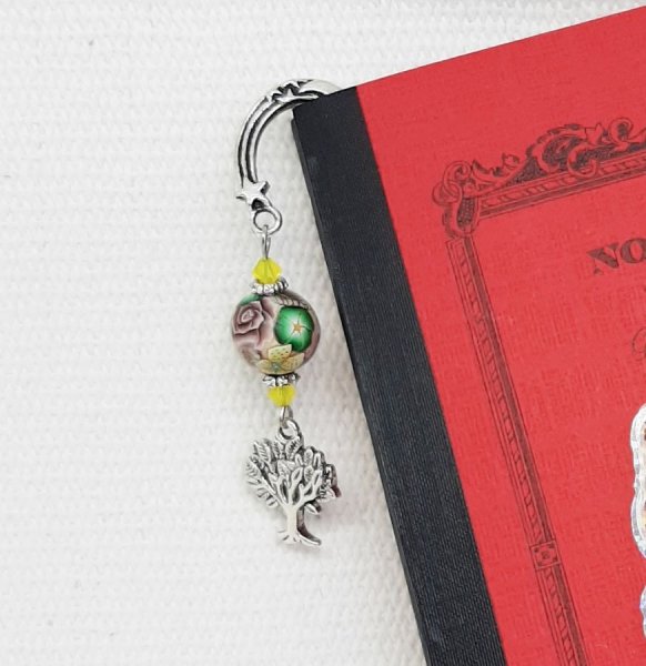 marque pages pendentif arbre de vie argent&eacute; &agrave; parsonnaliser avec perle artisanale jaune
