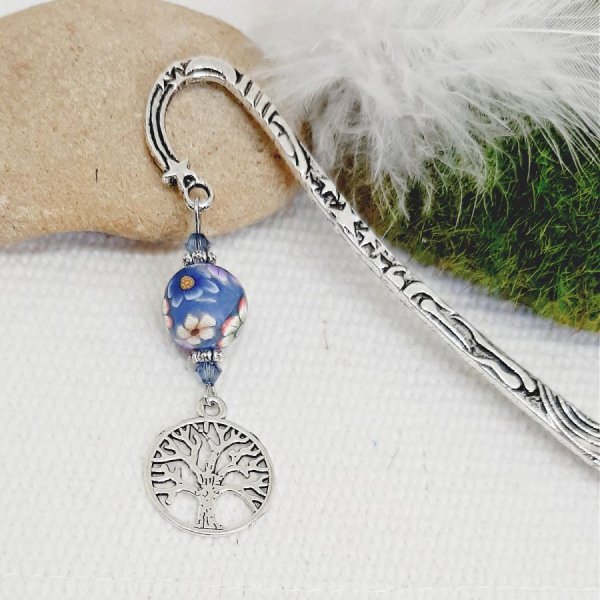 segnalibro albero della vita argento e perla blu-viola fatto a mano