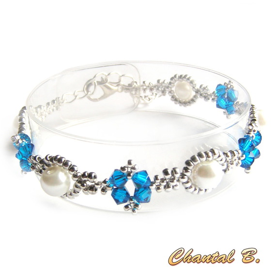 bracciale in cristallo swarovski perle blu e perle intrecciate in argento