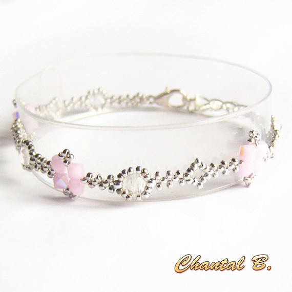 bracciale swarovski perline swarovski rosa AB boheme cristallo e argento matrimonio romantico