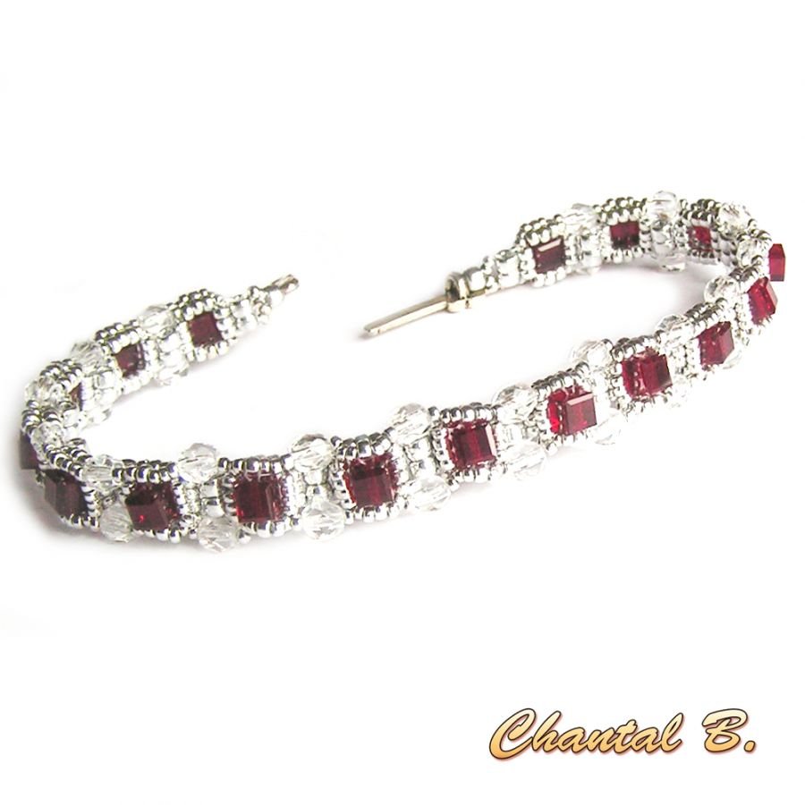 Bracciale San Valentino swarovski siam cube perline preziose intrecciate swarovski e argento