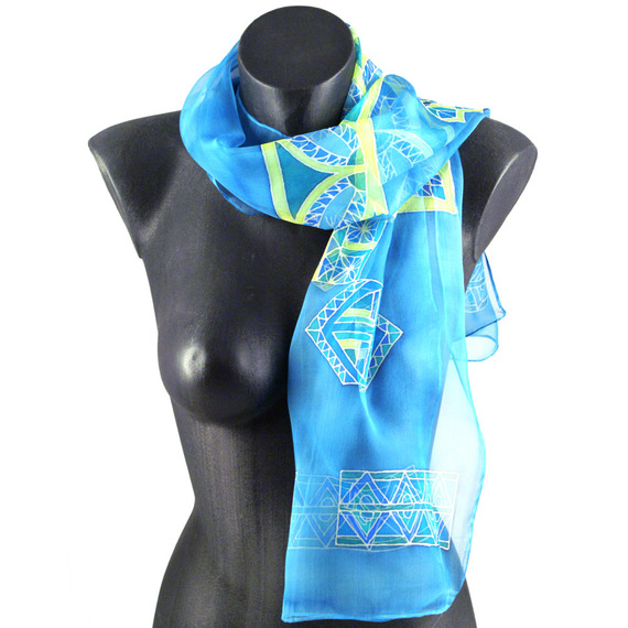 sciarpa in chiffon di seta turchese dipinta a mano, accessorio da sera