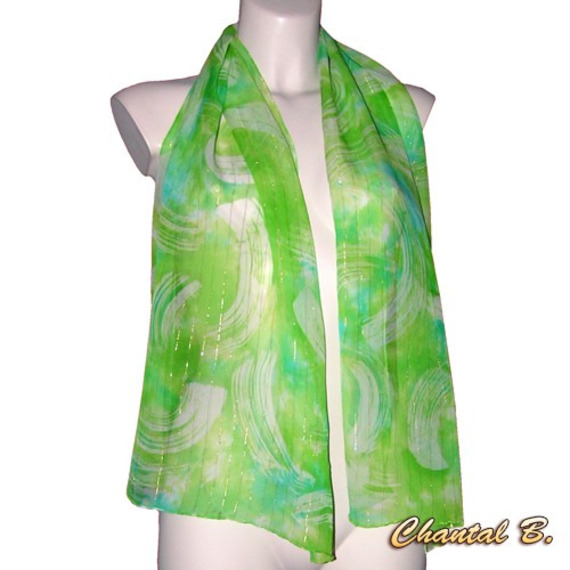 foulard écharpe mousseline de soie turquoise et vert anis fils dorés