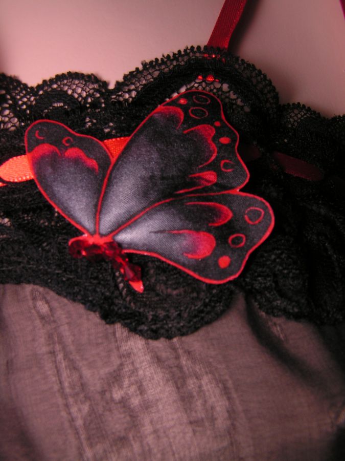 Set di lingerie di San Valentino in seta nera con farfalla rossa Alix