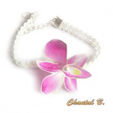 Bracciale di orchidee adattabile a un cerchietto di pizzo guipure bianco e al suo fiore nuziale di orchidea di seta rosa