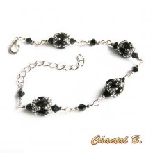 bracciale cristallo swarovski perle di vetro nero lucido e argento intrecciato