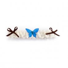 giarrettiera in pizzo bianco e seta turchese a forma di farfalla