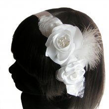 bandeau de cheveux mariée blanc fleurs de satin dentelle et plumes