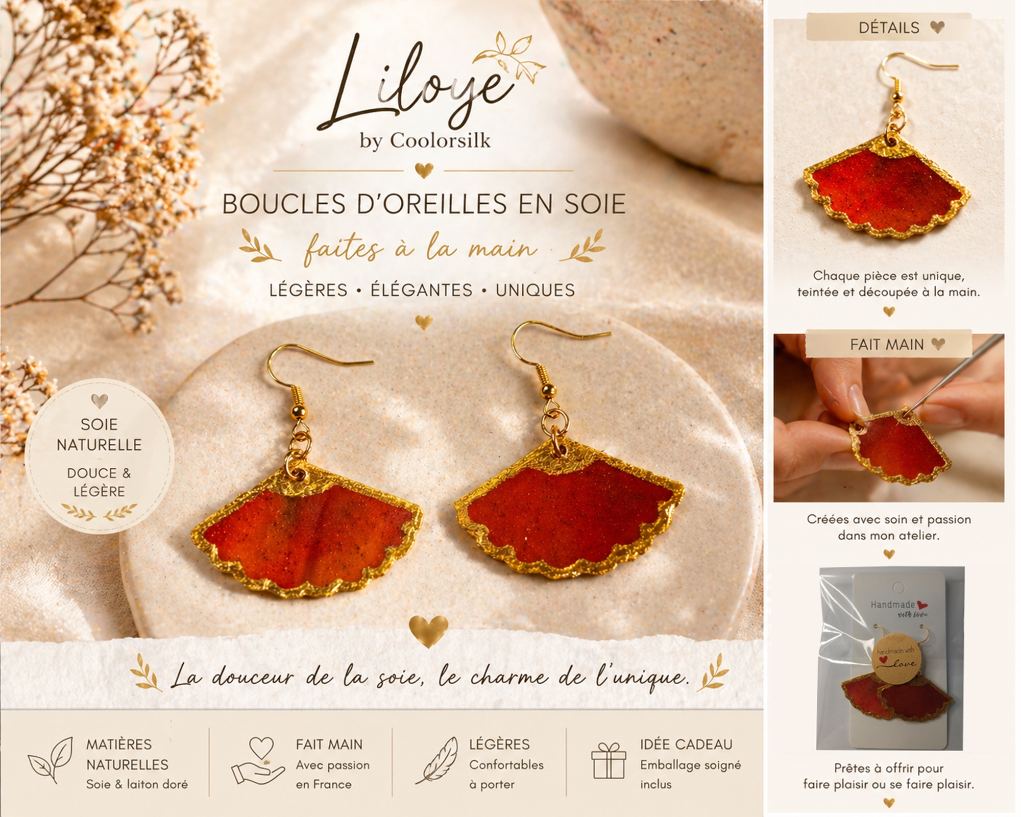 Boucles d oreilles en soie recto verso