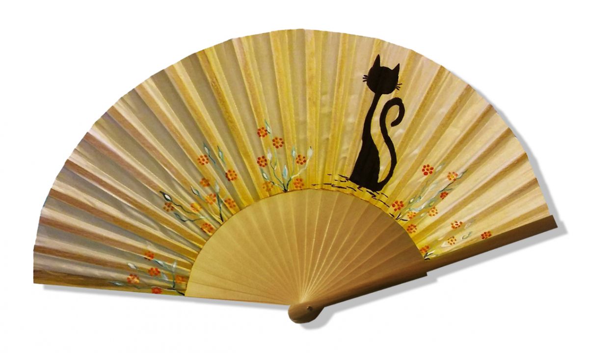 Ventaglio satinato disegnato e dipinto a mano "Chat sun