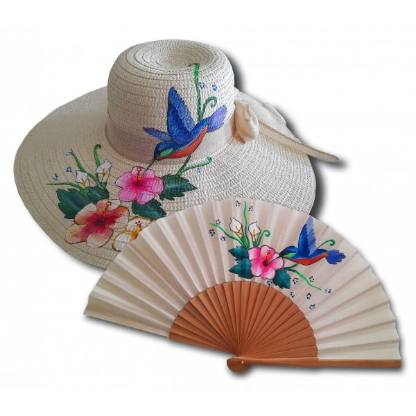 Ventaglio in cotone "colibr&igrave; del sole" disegnato e dipinto a mano