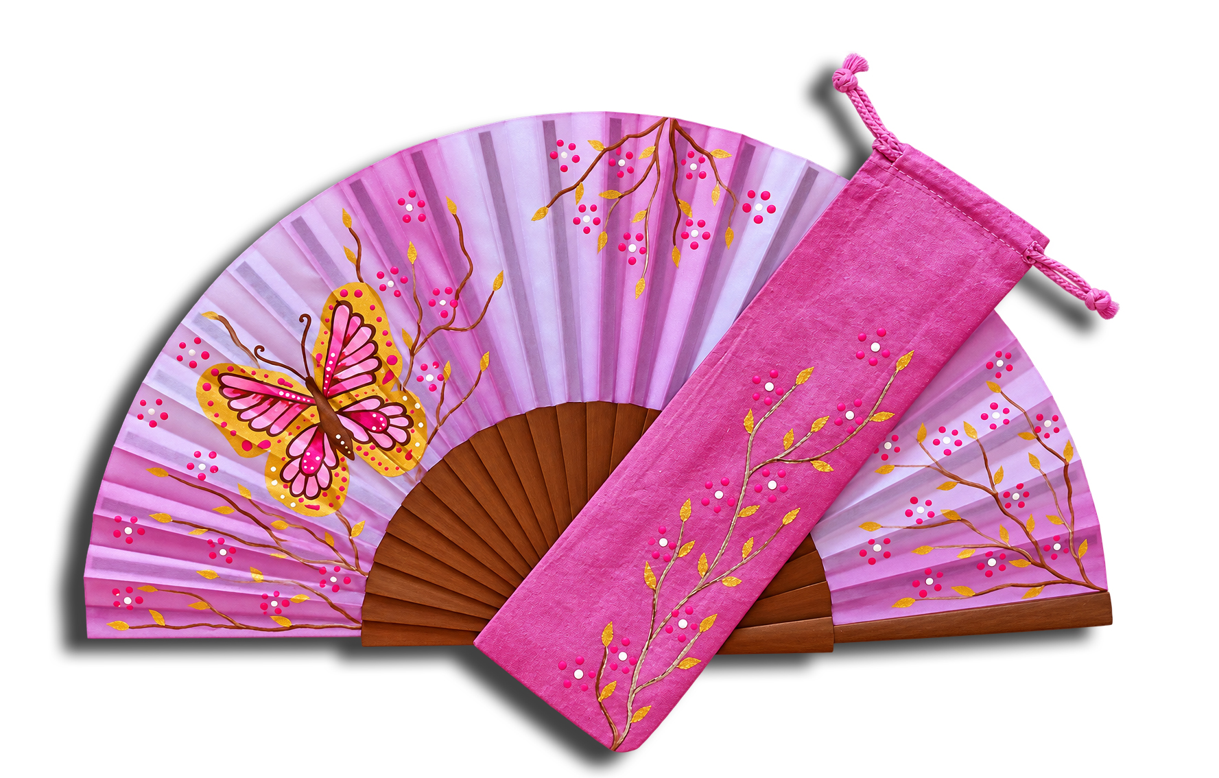 Éventail en satin peint à la main avec motif chouette.