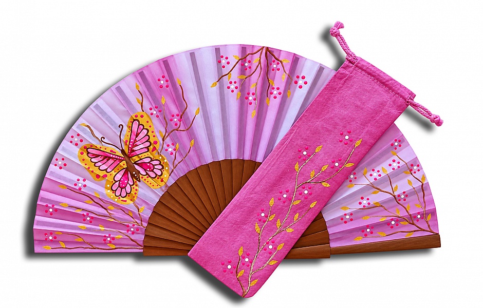 Éventail en satin peint à la main avec motif chouette.