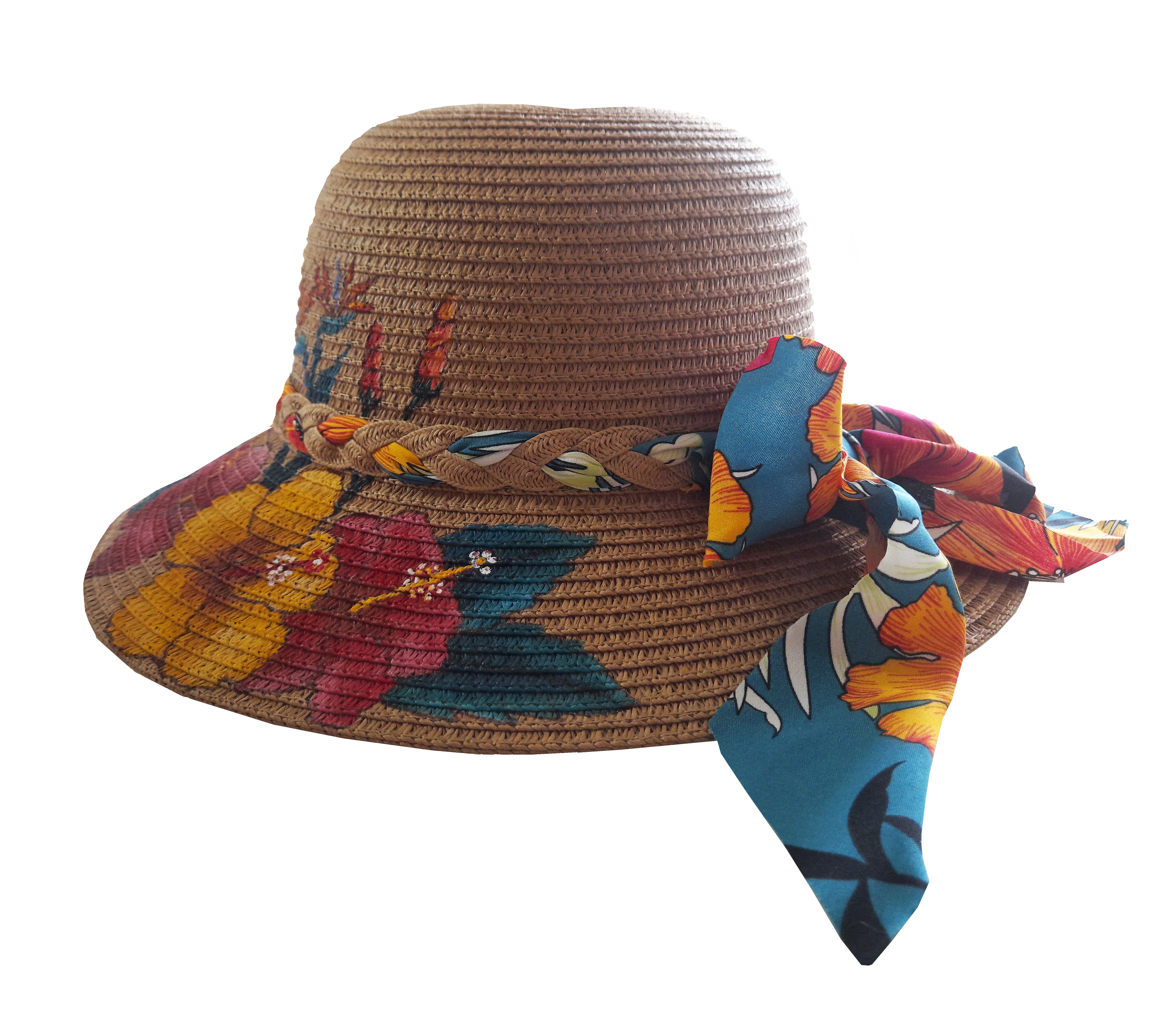 Joli chapeau en paille enduite enti&egrave;rement peint &agrave; la main 