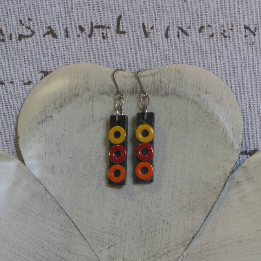 Boucles d'Oreille en Ardoise Rouge, Jaune et orange, Montage Pendants Acier Inoxydable