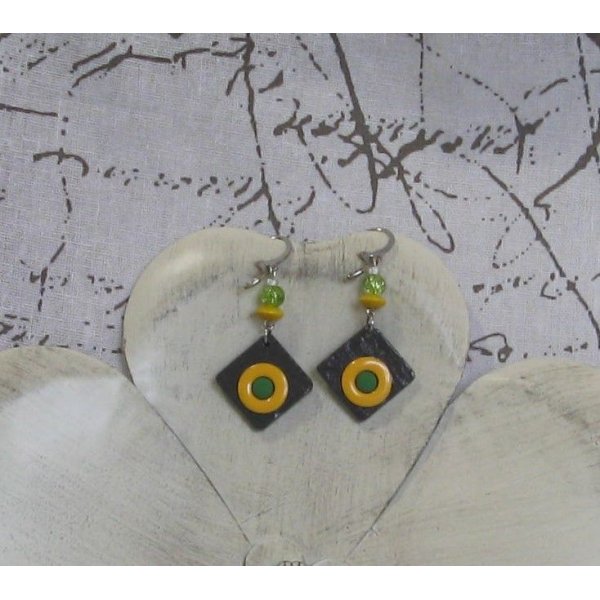 Boucles d'oreille pour Femme en Ardoise et Email, Jaune et Vert, Création Unique