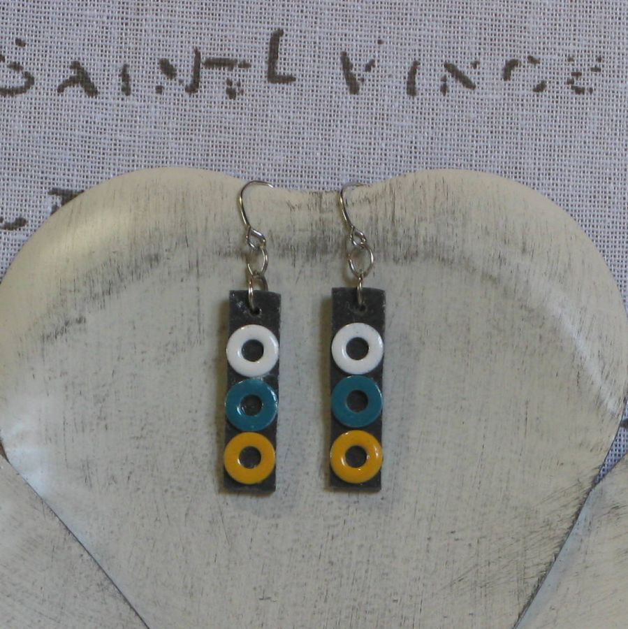 Boucles d'Oreilles en Ardoise Blanc Bleu Jaune, Création Unique