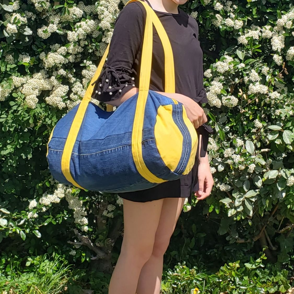 sac bowling en jean recyclé et toile épaisse de coton jaune