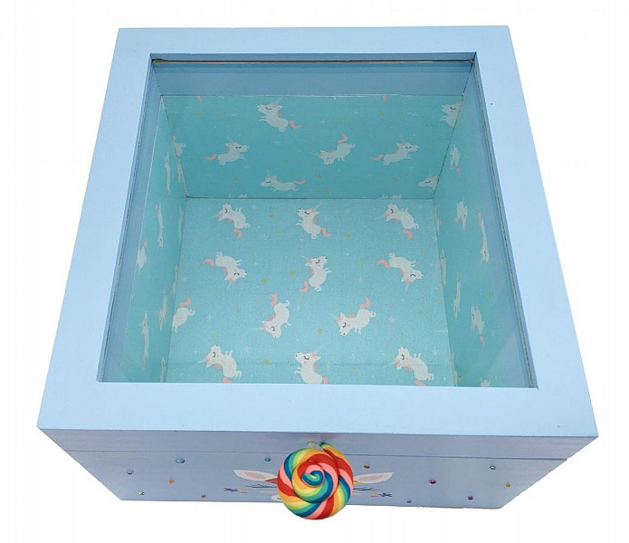 Scatola in legno con coperchio in vetro. Modello : unicorno blu