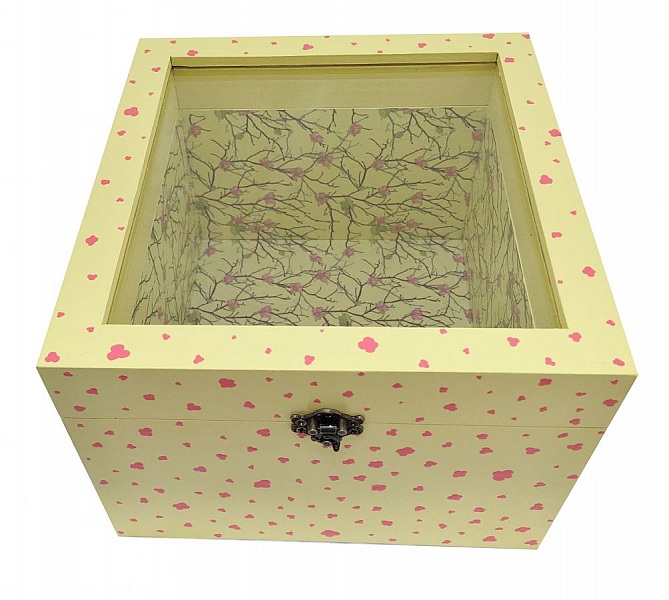 Scatola in legno con coperchio in vetro. Modello : sakura giallo