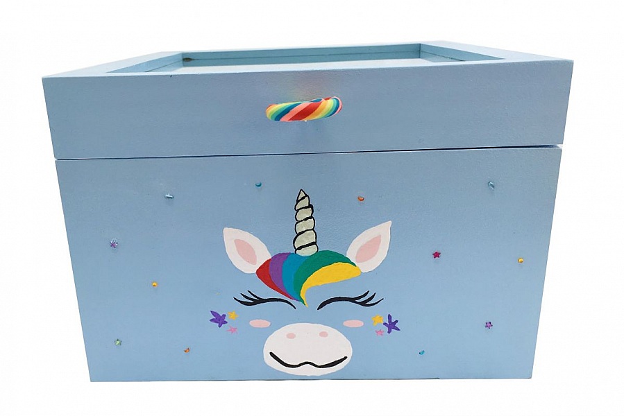 Scatola in legno con coperchio in vetro. Modello : unicorno blu
